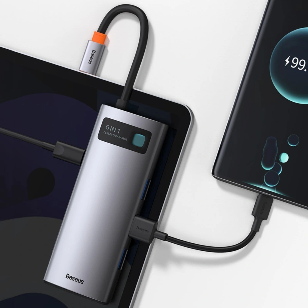 Hurtownia GSM - Hub 6v1 Baseus Metal Gleam Series, USB-C na 3x USB 3.0 + HDMI + USB-C PD + Ethernet RJ45 - BSU2372 - {ean13} - Hurt