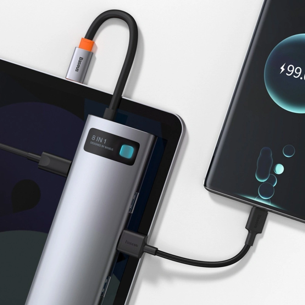 Hurtownia GSM - Hub 8w1 Baseus Metal Gleam Series, USB-C na 3x USB 3.0 + HDMI + USB-C PD + Ethernet RJ45 + microSD/SD - BSU2373 - {ean13} - Hurt