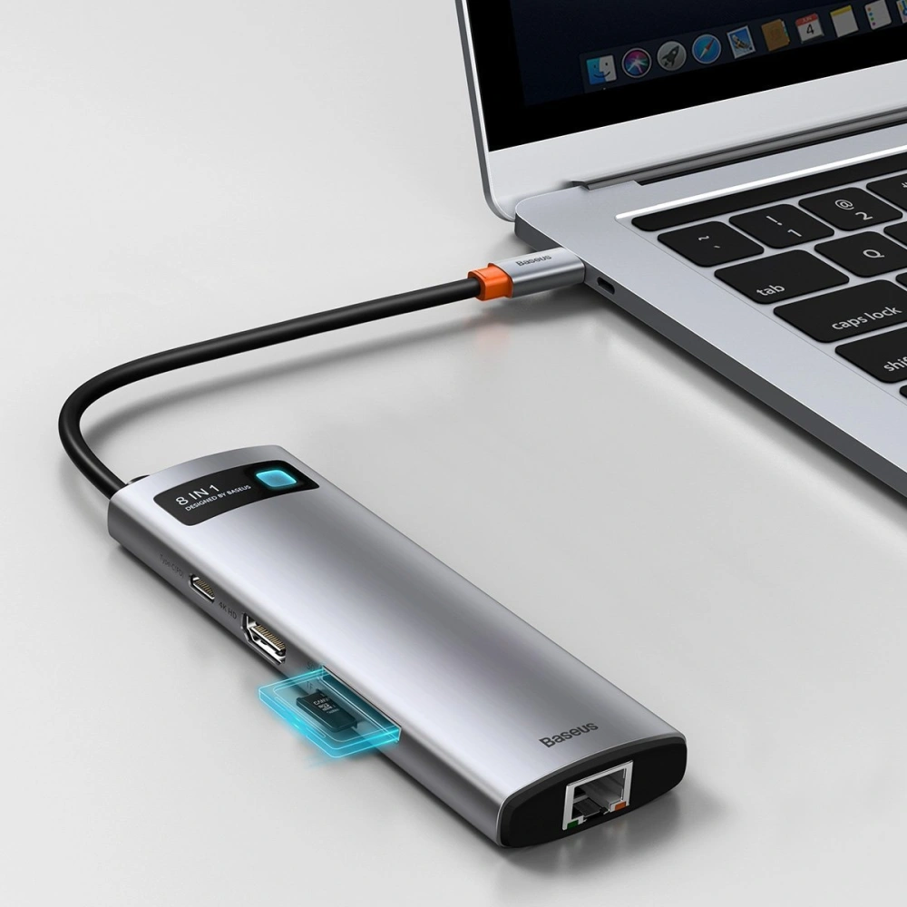 Hurtownia GSM - Hub 8w1 Baseus Metal Gleam Series, USB-C na 3x USB 3.0 + HDMI + USB-C PD + Ethernet RJ45 + microSD/SD - BSU2373 - {ean13} - Hurt