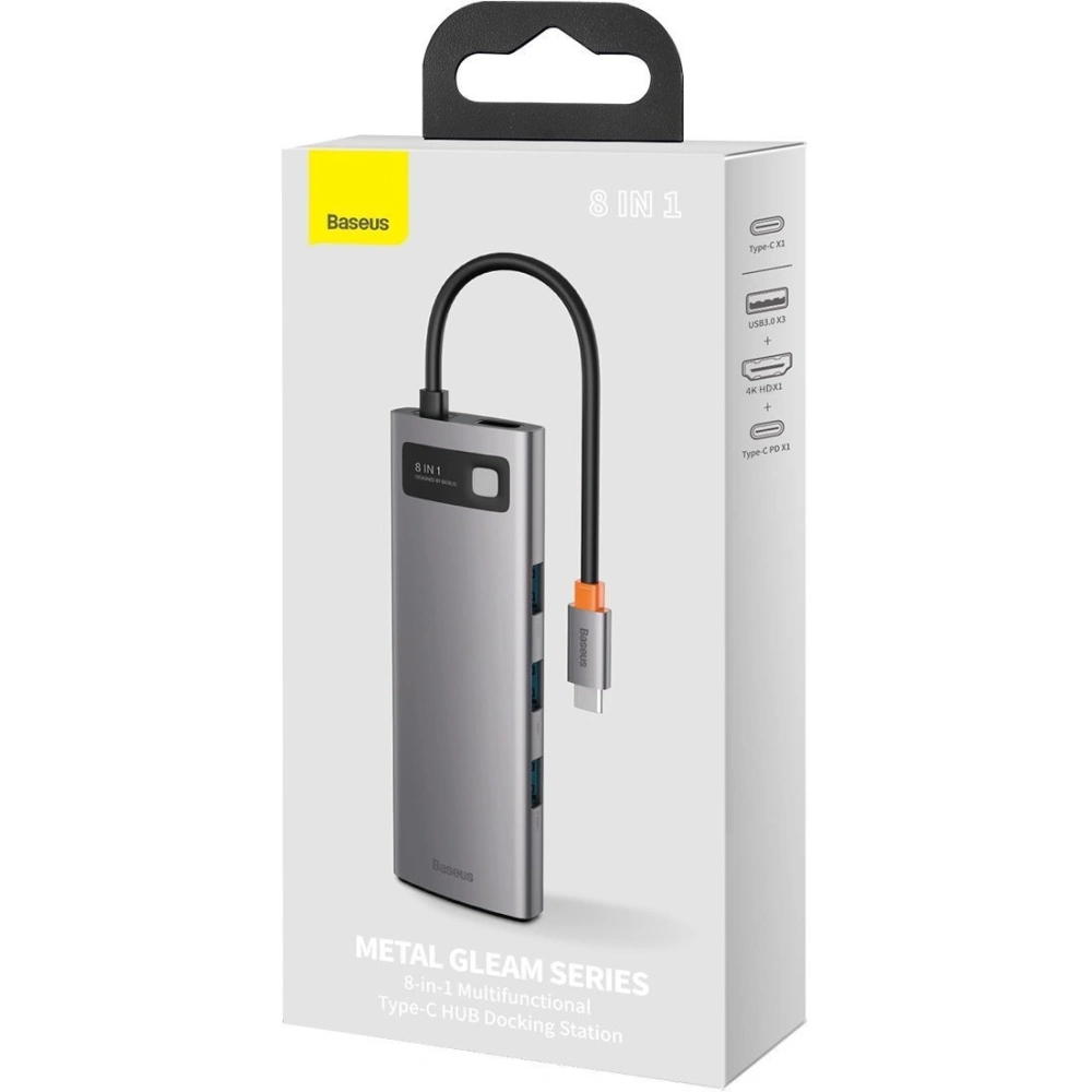 Hurtownia GSM - Hub 8w1 Baseus Metal Gleam Series, USB-C na 3x USB 3.0 + HDMI + USB-C PD + Ethernet RJ45 + microSD/SD - BSU2373 - {ean13} - Hurt