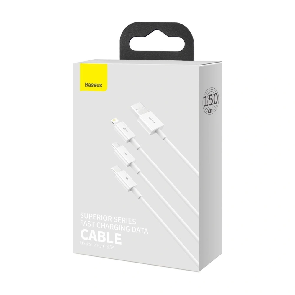 Hurtownia GSM - Kabel USB 3w1 Baseus Superior Series, USB do micro USB / USB-C / Lightning, 3.5A, 1.2m (bílý) - BSU2381WHT - {ean13} - Hurt