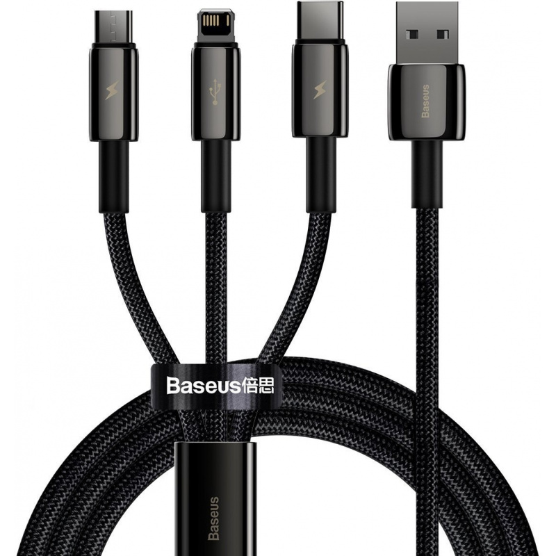 Baseus Distributor - 6953156204973 - BSU2383BLK - USB cable 3in1 Baseus Tungsten Gold, USB to micro USB / USB-C / Lightning, 3.5A, 1.5m (black) - B2B homescreen