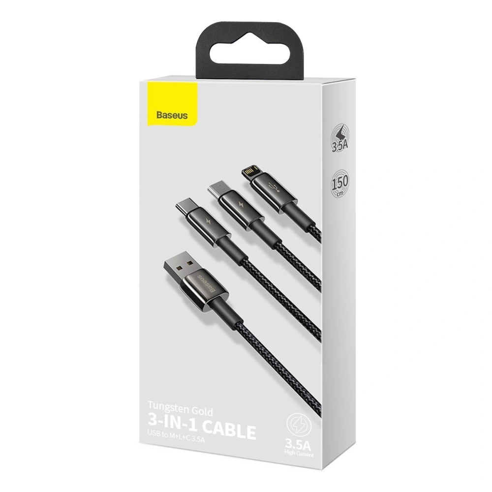 Hurtownia GSM - Kabel USB 3w1 Baseus Tungsten Gold, USB na micro USB / USB-C / Lightning, 3.5A, 1.5m (černý) - BSU2383BLK - {ean13} - Hurt
