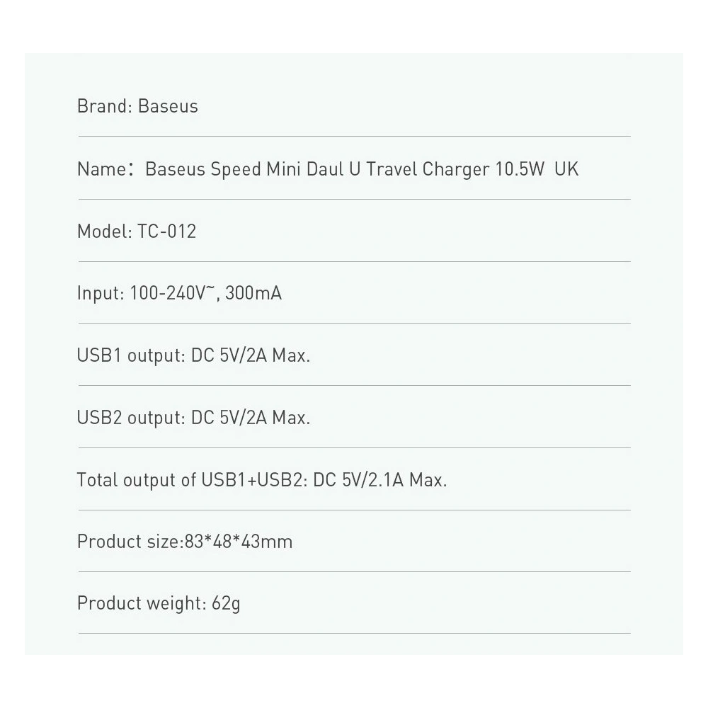 Hurtownia GSM - Baseus ładowarka sieciowa 2x USB 2.1A 10,5W (wtyczka UK) biały (CCFS-S02) - BSU2401WHT - {ean13} - Hurt
