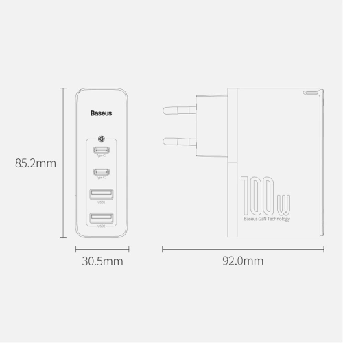 Baseus GaN2 Pro szybka ładowarka sieciowa 100W USB / USB Typ C Quick Charge 4+ Power Delivery biały (CCGAN2P-L02)