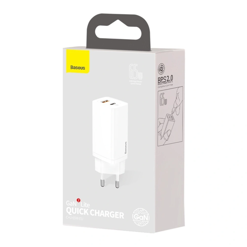 Hurtownia GSM - Ładowarka sieciowa Baseus GaN2 Lite, USB + USB-C, 65W, EU (biała) - BSU2656WHT - {ean13} - Hurt