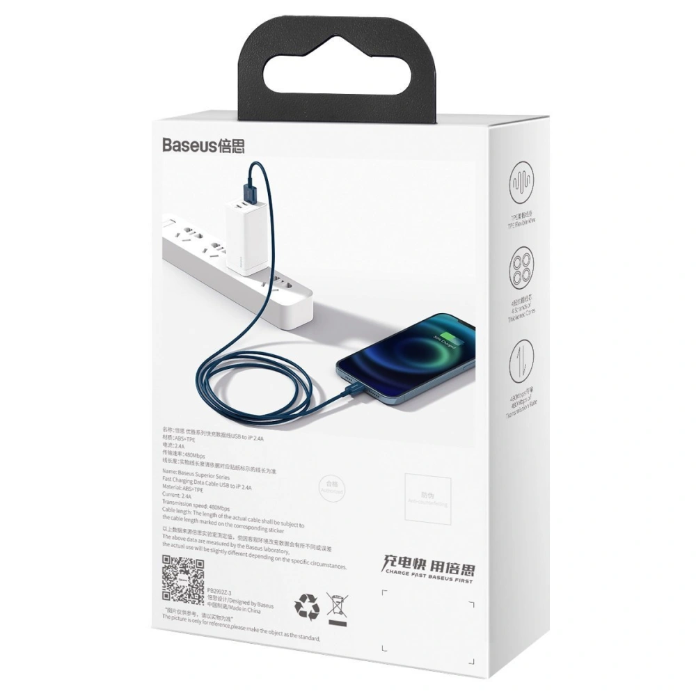 Hurtownia GSM - Kabel USB do Lightning Baseus Superior Series, 2.4A, 1m (niebieski) - BSU2672BLU - {ean13} - Hurt