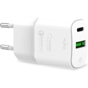 PURO White Mini Rychlonabíječka USB-A + USB-C Power Delivery 20W (bílá)