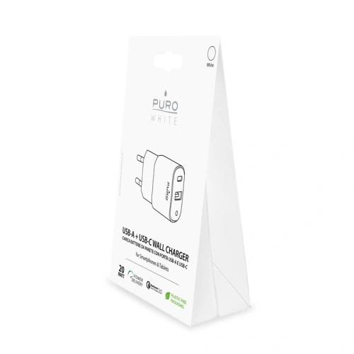 PURO White Mini Fast Travel Charger USB-A + USB-C Power Delivery 20W (white)