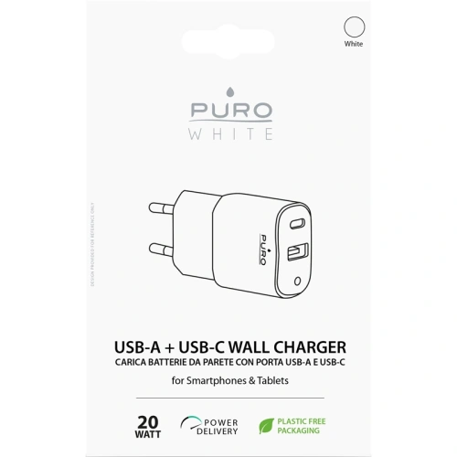 PURO White Mini Fast Travel Charger USB-A + USB-C Power Delivery 20W (white)