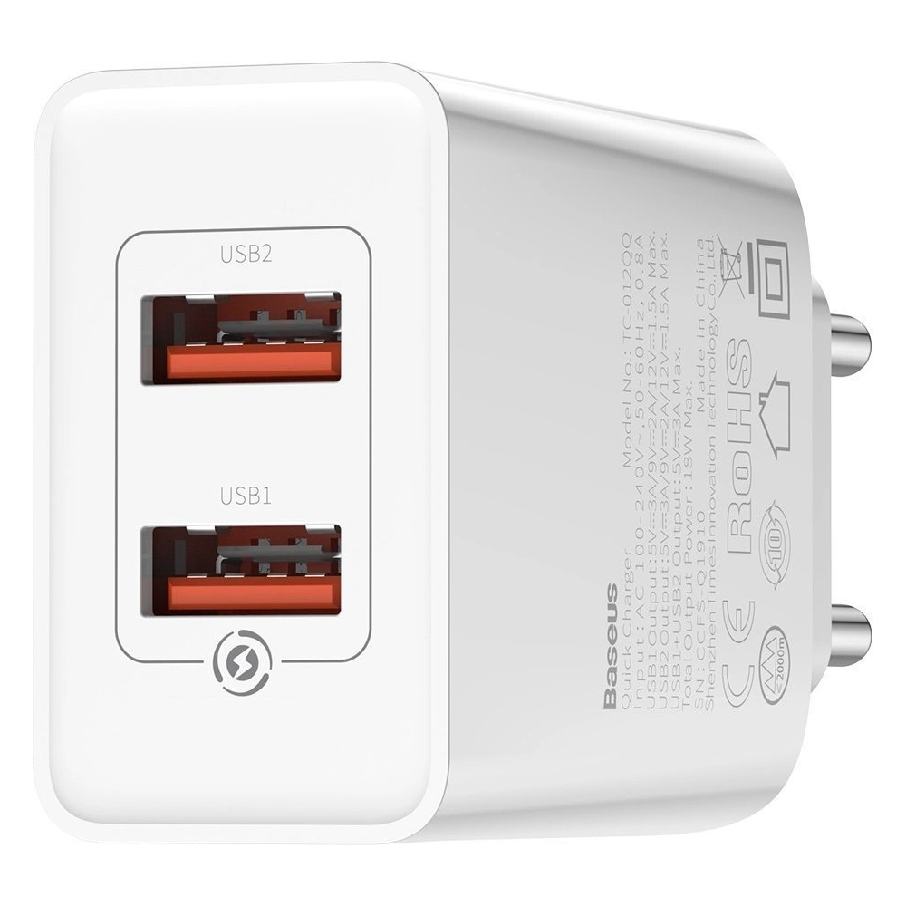 Hurtownia GSM - Szybka ładowarka sieciowa Baseus Speed Mini 2xUSB QC 3.0 18W (biała) - BSU1650WHT - {ean13} - Hurt
