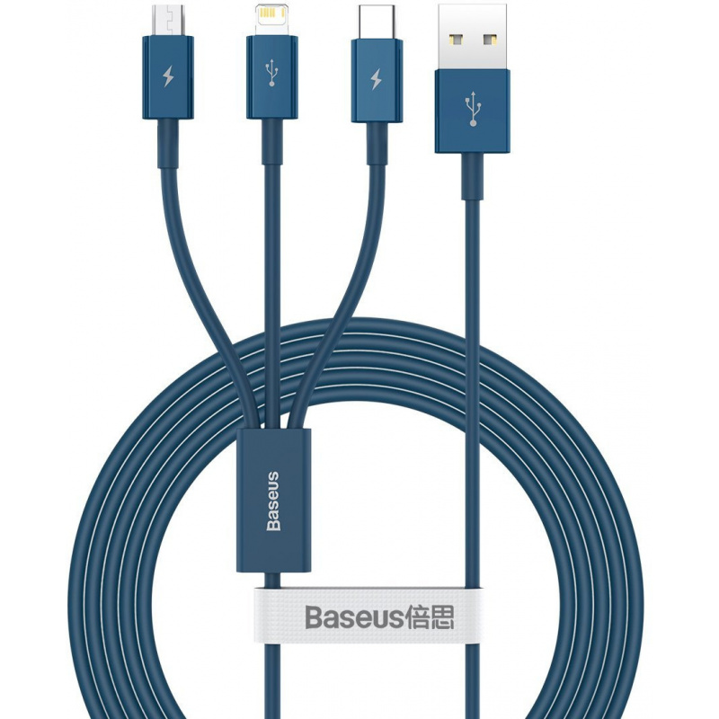 Hurtownia Baseus - 6953156205543 - BSU2681BLU - Kabel USB 3w1 Baseus Superior Series, USB do micro USB / USB-C / Lightning, 3.5A, 1.2m (niebieski) - B2B homescreen