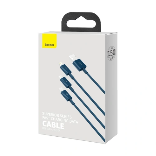 Kabel USB 3w1 Baseus Superior Series, USB do micro USB / USB-C / Lightning, 3.5A, 1.2m (niebieski)
