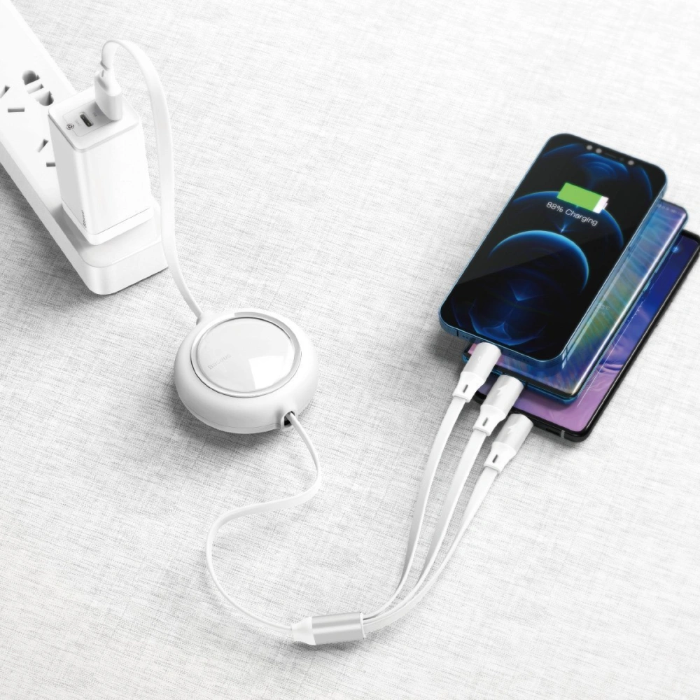 Hurtownia GSM - Kabel USB 3w1 Baseus Bright Mirror, micro USB / Lightning / USB-C, plochý, 3.5A, 1.2m (bílá) - BSU2708WHT - {ean13} - Hurt