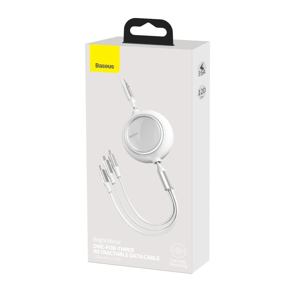 Hurtownia GSM - Kabel USB 3w1 Baseus Bright Mirror, micro USB / Lightning / USB-C, plochý, 3.5A, 1.2m (bílá) - BSU2708WHT - {ean13} - Hurt
