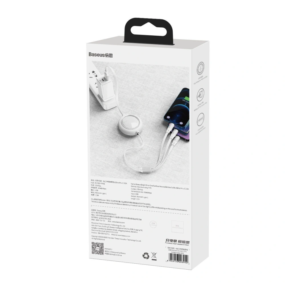 Hurtownia GSM - Kabel USB 3w1 Baseus Bright Mirror, micro USB / Lightning / USB-C, plochý, 3.5A, 1.2m (bílá) - BSU2708WHT - {ean13} - Hurt