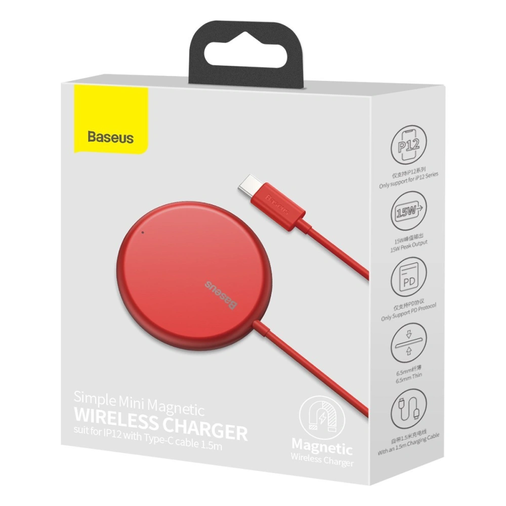 Hurtownia GSM - Indukční nabíječka s magnetem Baseus Simple Mini, MagSafe, 15W (červená) - BSU2711RED - {ean13} - Hurt