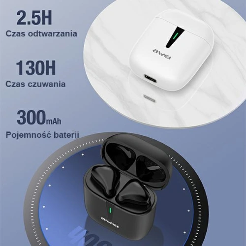 AWEI słuchawki Bluetooth 5.0 T21 TWS + stacja dokująca biały/white