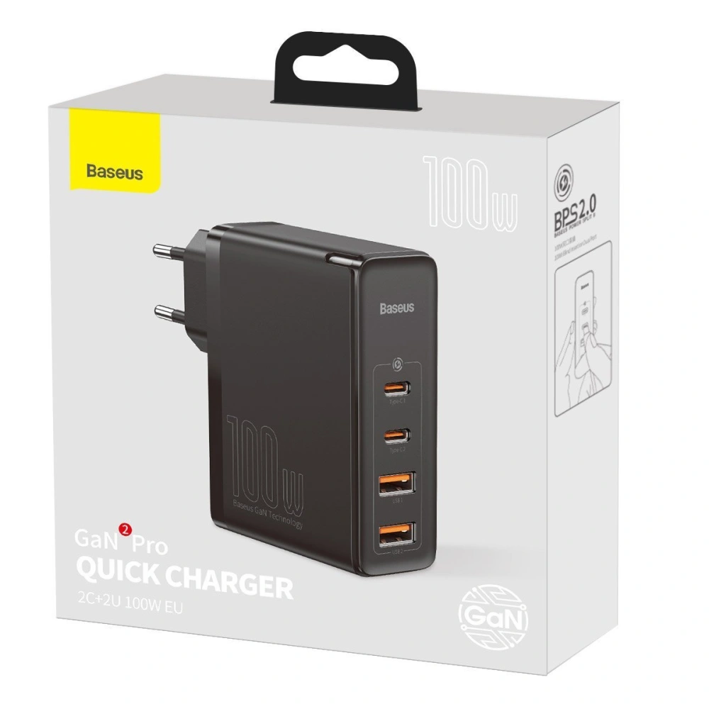 Hurtownia GSM - Síťová nabíječka Baseus GaN2 Pro, 2x USB + 2x USB-C, 100W, EU (černá) - BSU2726BLK - {ean13} - Hurt