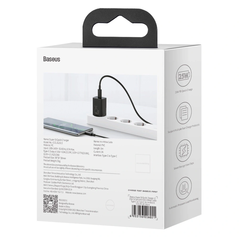 Hurtownia GSM - Síťová nabíječka Baseus Super Si Quick Charger 1C 25W s kabelem USB-C na USB-C 1m (černá) - BSU2771BLK - {ean13} - Hurt