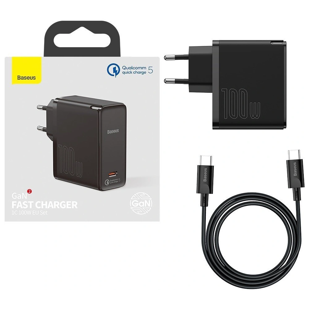 Hurtownia GSM - Síťová nabíječka Baseus GaN2, USB-C, 100W, QC 5.0 (černá) + kabel USB-C do USB-C, 5A, 1,5m (černý) - BSU2778BLK - {ean13} - Hurt