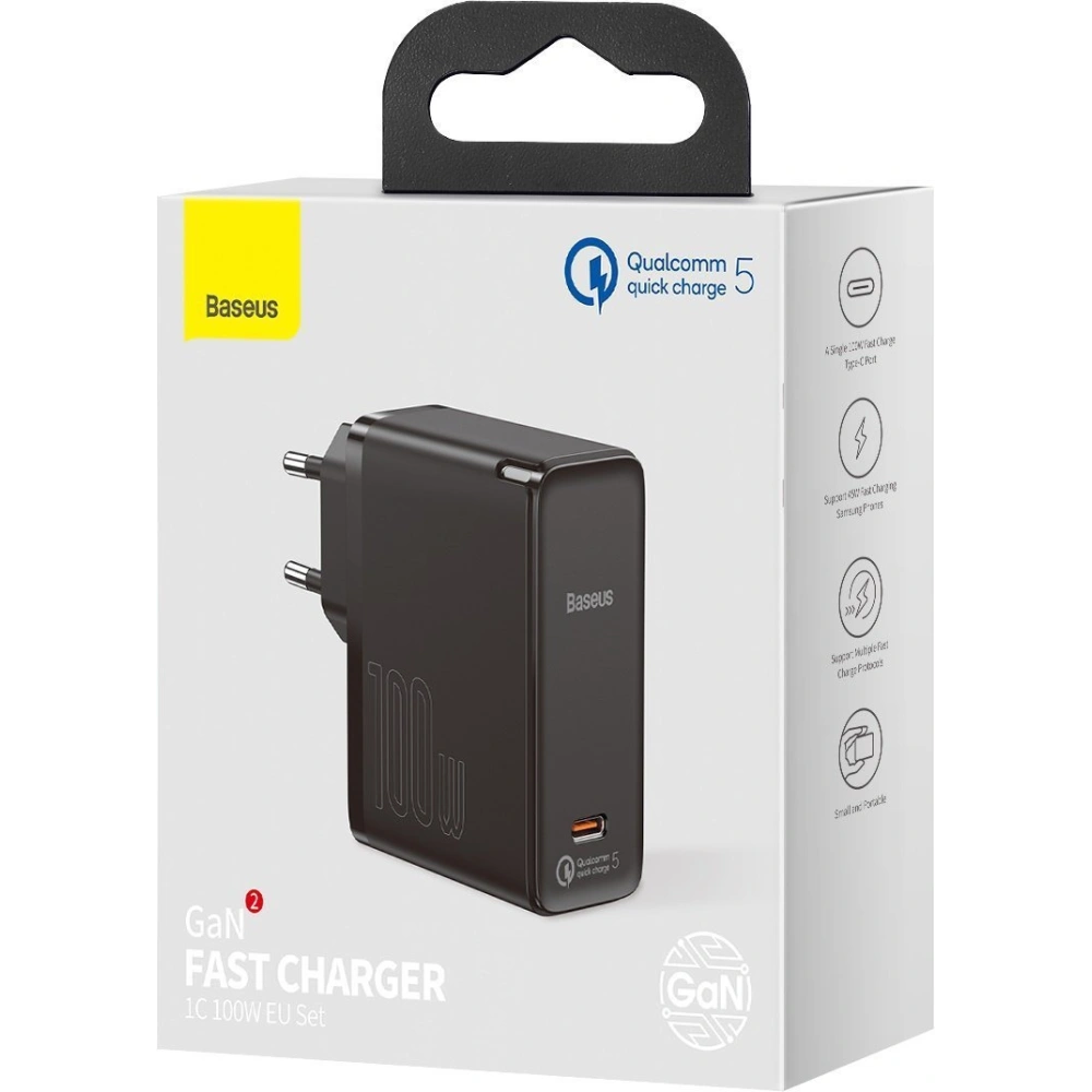 Hurtownia GSM - Síťová nabíječka Baseus GaN2, USB-C, 100W, QC 5.0 (černá) + kabel USB-C do USB-C, 5A, 1,5m (černý) - BSU2778BLK - {ean13} - Hurt
