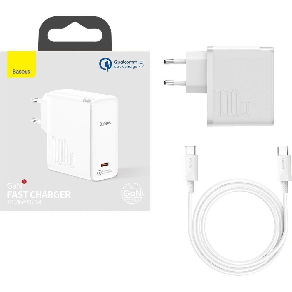 Hurtownia GSM - Síťová nabíječka Baseus GaN2, USB-C, 100W, QC 5.0 (bílá) + kabel USB-C do USB-C, 5A, 1,5m (bílý) - BSU2779WHT - {ean13} - Hurt