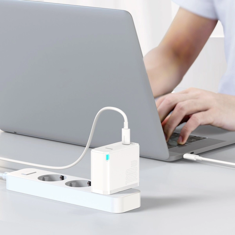 Hurtownia GSM - Síťová nabíječka Baseus GaN2, USB-C, 100W, QC 5.0 (bílá) + kabel USB-C do USB-C, 5A, 1,5m (bílý) - BSU2779WHT - {ean13} - Hurt