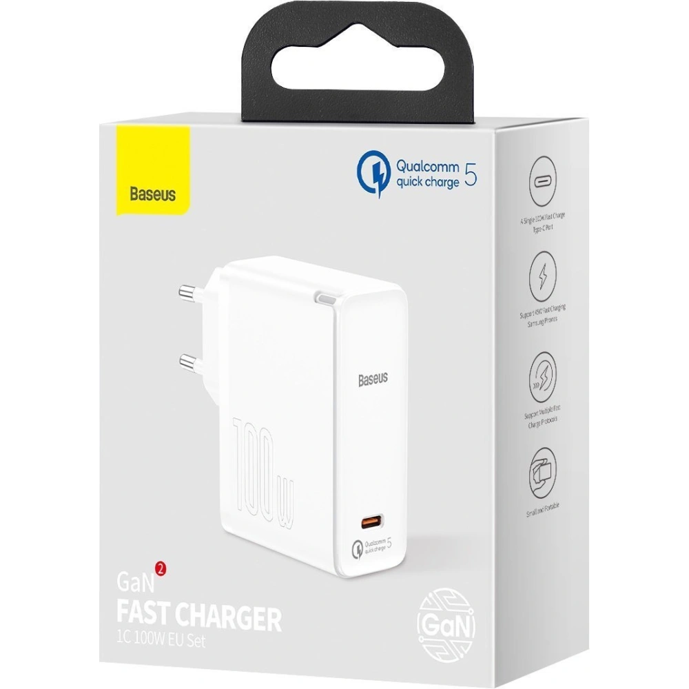Hurtownia GSM - Síťová nabíječka Baseus GaN2, USB-C, 100W, QC 5.0 (bílá) + kabel USB-C do USB-C, 5A, 1,5m (bílý) - BSU2779WHT - {ean13} - Hurt