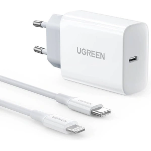 Ładowarka sieciowa UGREEN CD137, 20W, PD 3.0, USB-C (biała) + kabel IP do USB-C (biały)