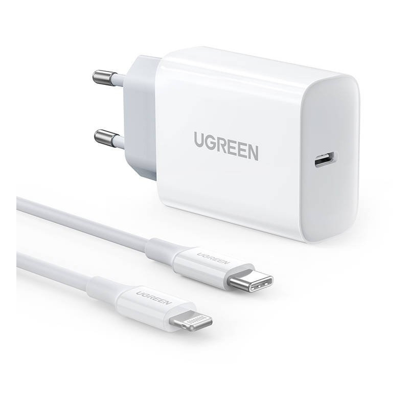 Ugreen Distributor - 6957303872657 - UGR973WHT - UGREEN CD137, 20W PD 3.0 USB-C Wall Charger (White) + cable IP to USB-C (white) - B2B homescreen