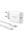 UGREEN CD137, 20W PD 3.0 USB-C Wall Charger (White) + cable IP to USB-C (white)