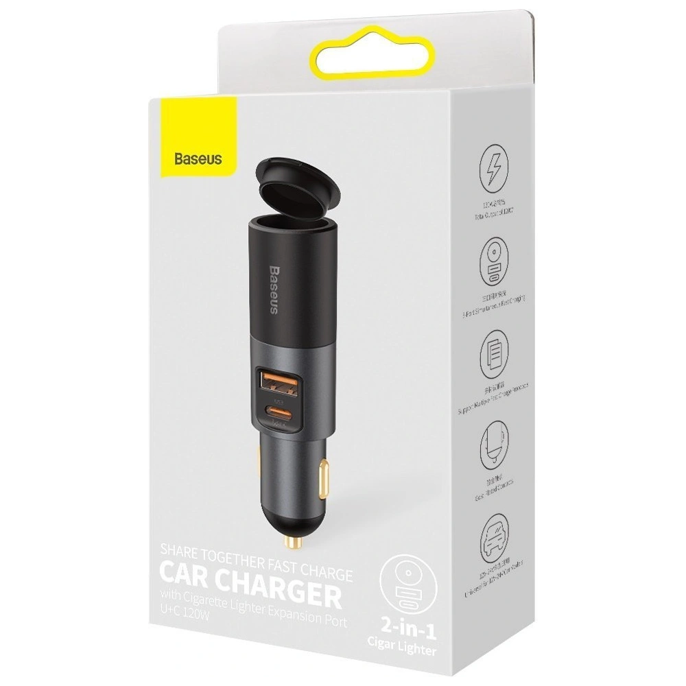 Hurtownia GSM - Auto nabíječka Baseus Share Together Fast s zásuvkou zapalovače, USB + USB-C, 120W (šedá) - BSU2782GRY - {ean13} - Hurt