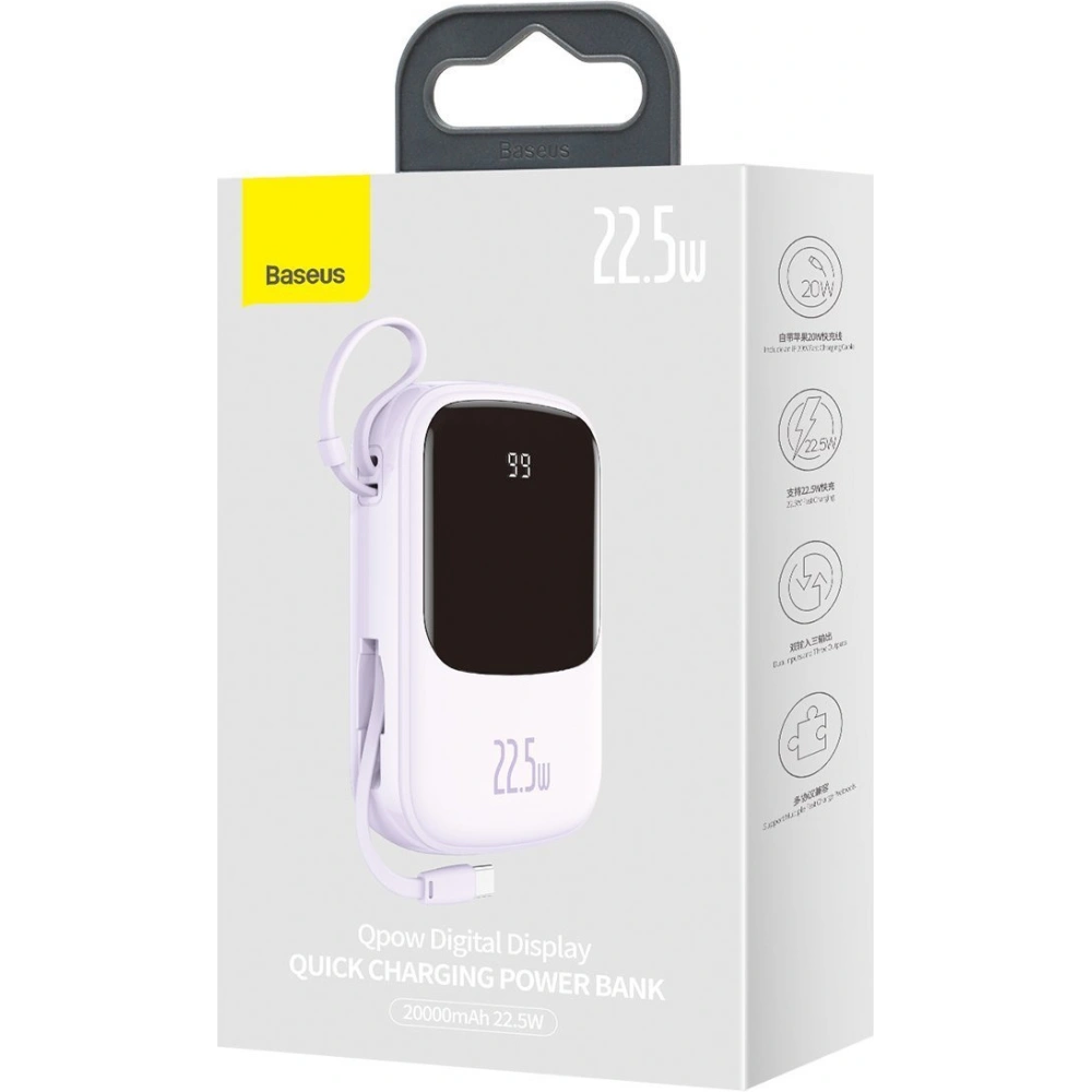 Wholesale Baseus Q pow Digital Display Power Bank 20000mAh, IP, USB, USB-C, 22.5W with Type-C Cable (morado) - BSU2788PRP - {ean13} - Hurt