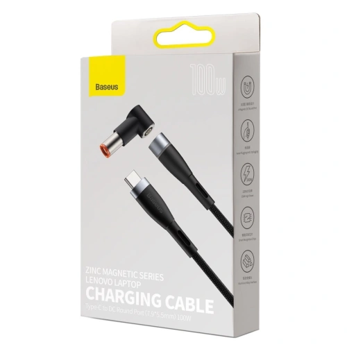 Kabel magnetyczny Baseus Zinc Magnetic, USB-C do wtyk DC 7,9x5,5mm, 100W, PD, 2m, kątowy (czarny)