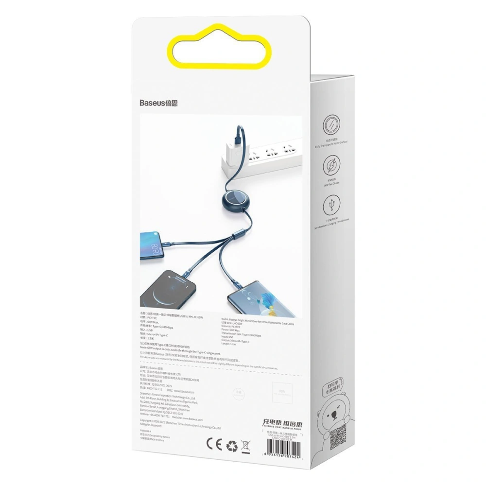 Hurtownia GSM - Kabel USB 3w1 Baseus Bright Mirror, USB do micro USB / USB-C / Lightning, 66W, 1.2m (modrý) - BSU2798BLU - {ean13} - Hurt
