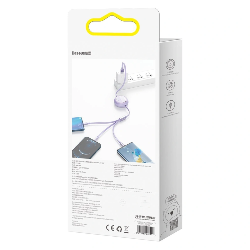 Hurtownia GSM - Kabel USB 3w1 Baseus Bright Mirror, USB do micro USB / USB-C / Lightning, 66W, 1.2m (fialový) - BSU2799PRP - {ean13} - Hurt