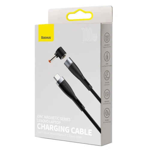 Kabel magnetyczny Baseus Zinc Magnetic, USB-C do wtyk DC 4x1,7mm, 100W, PD, 2m, kątowy (czarny)