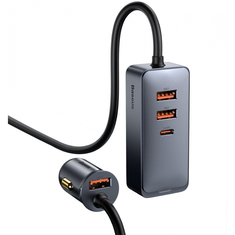 Baseus Distributor - 6953156206687 - BSU2803GRY - Baseus Share Together car charger with extension cord, 3x USB, USB-C, 120W (gray) - B2B homescreen