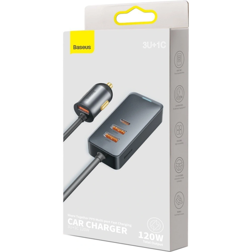 Hurtownia GSM - Automobilová nabíječka Baseus Share Together s prodlužovačem, 3x USB, USB-C, 120W (šedá) - BSU2803GRY - {ean13} - Hurt