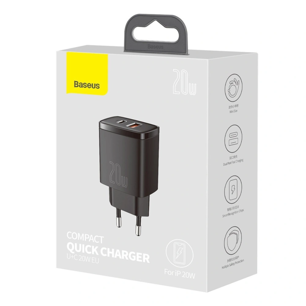Hurtownia GSM - Ładowarka sieciowa Baseus Compact Quick Charger, USB, USB-C, 20W (czarna) - BSU2804BLK - {ean13} - Hurt