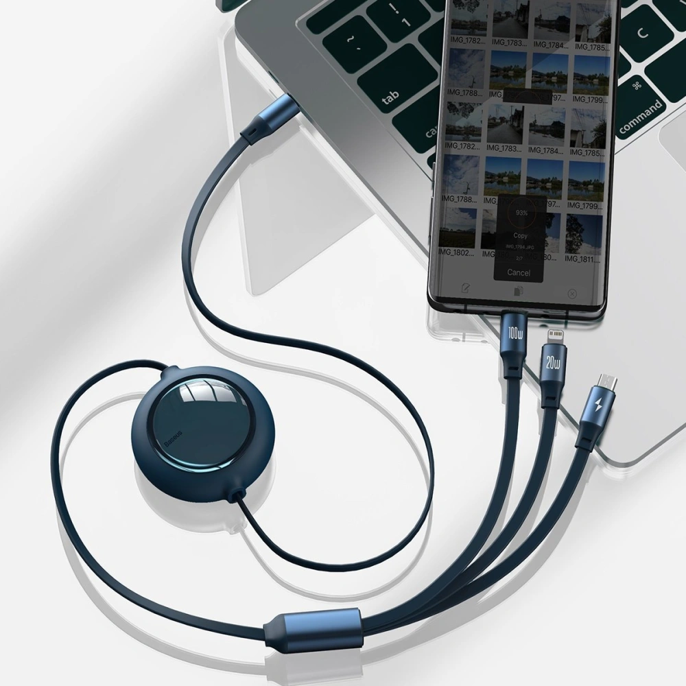 Hurtownia GSM - Kabel USB 3w1 Baseus Bright Mirror, USB do micro USB / USB-C / Lightning, 100W, 1.2m (modrý) - BSU2810BLU - {ean13} - Hurt