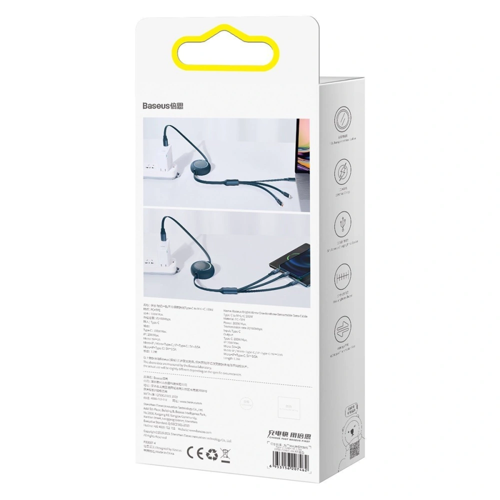 Hurtownia GSM - Kabel USB 3w1 Baseus Bright Mirror, USB do micro USB / USB-C / Lightning, 100W, 1.2m (modrý) - BSU2810BLU - {ean13} - Hurt