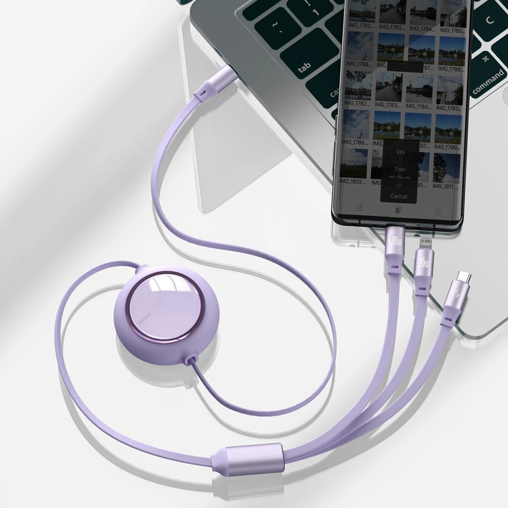 Hurtownia GSM - USB kabel 3w1 Baseus Bright Mirror, USB do micro USB / USB-C / Lightning, 100W, 1.2m (fialový) - BSU2811PRP - {ean13} - Hurt