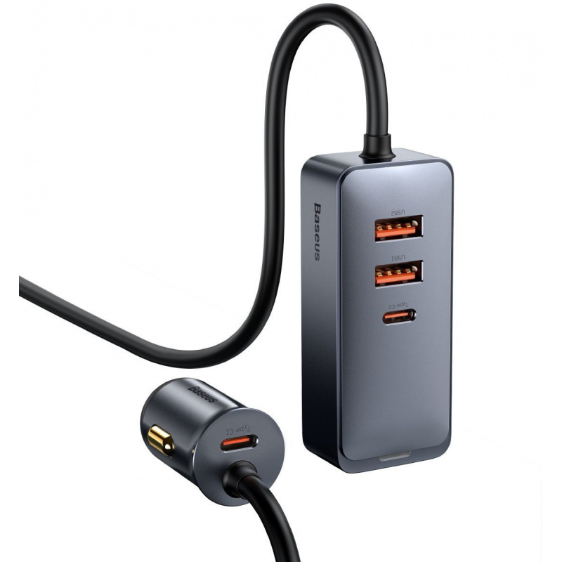 Baseus Distributor - 6953156206670 - BSU2816GRY - Baseus Share Together car charger with extension cord, 2x USB, 2x USB-C, 120W (gray) - B2B homescreen