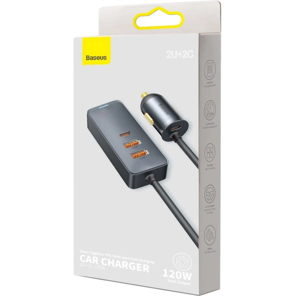 Hurtownia GSM - Ładowarka samochodowa Baseus Share Together z przedłużaczem, 2x USB, 2x USB-C, 120W (szara) - BSU2816GRY - {ean13} - Hurt