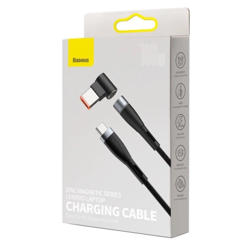 Kabel magnetyczny Baseus Zinc Magnetic, USB-C do wtyk DC prostokątny, 100W, PD, 2m, kątowy (czarny)