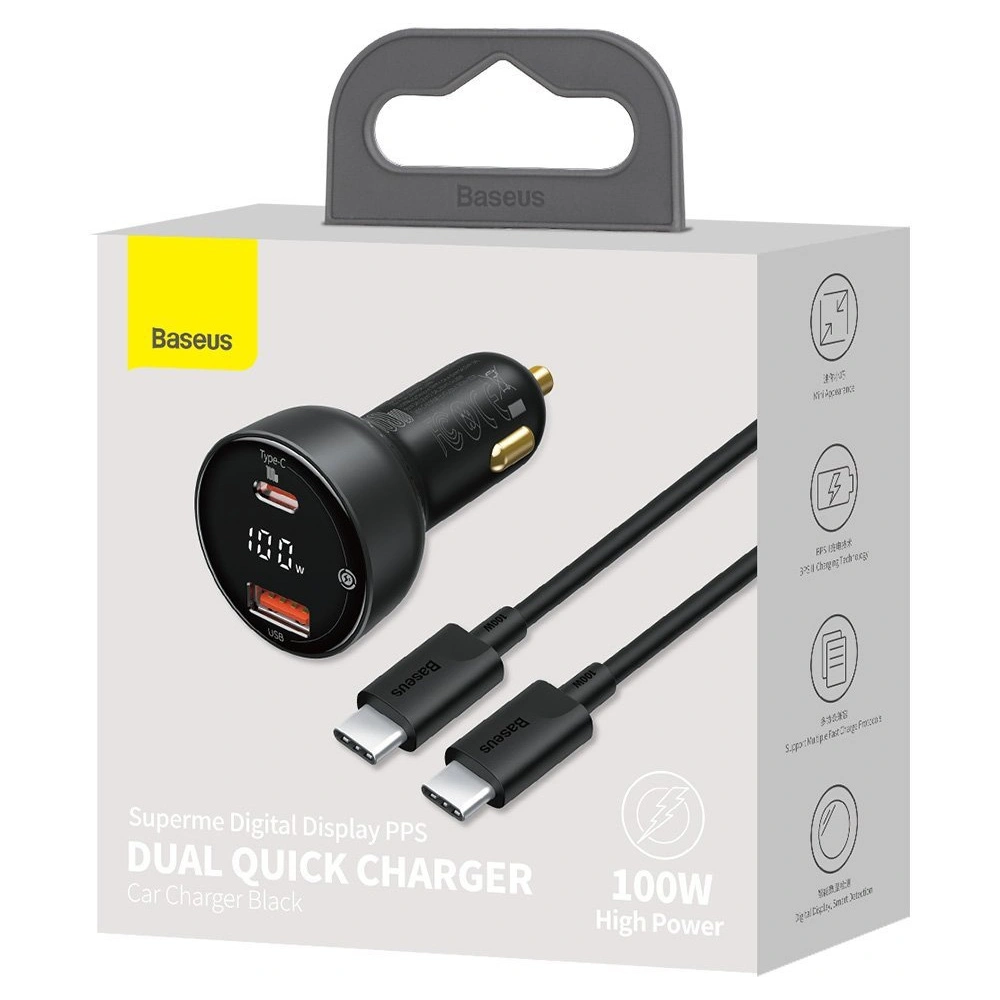 Hurtownia GSM - Auto nabíječka Baseus Superme USB, USB-C, 100W + kabel USB-C (černý) - BSU2838BLK - {ean13} - Hurt