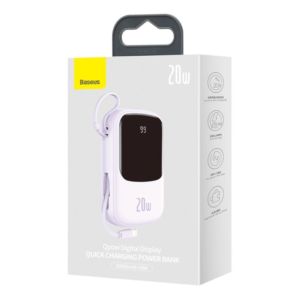 Wholesale Baseus Q pow Digital Display Power Bank 20000mAh, IP, USB, USB-C, 20W with IP Cable (purple) - BSU2841PRP - {ean13} - Hurt