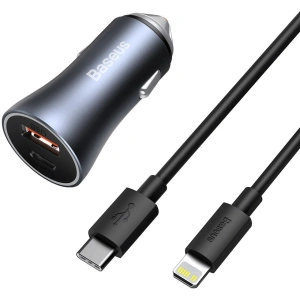 Wholesale Baseus Golden Contactor Pro car charger, USB + USB-C, QC4.0+, PD, SCP, 40W (dark gray) with Cable Type-C to iP 1m Black - BSU2843BLK - {ean13} - Hurt